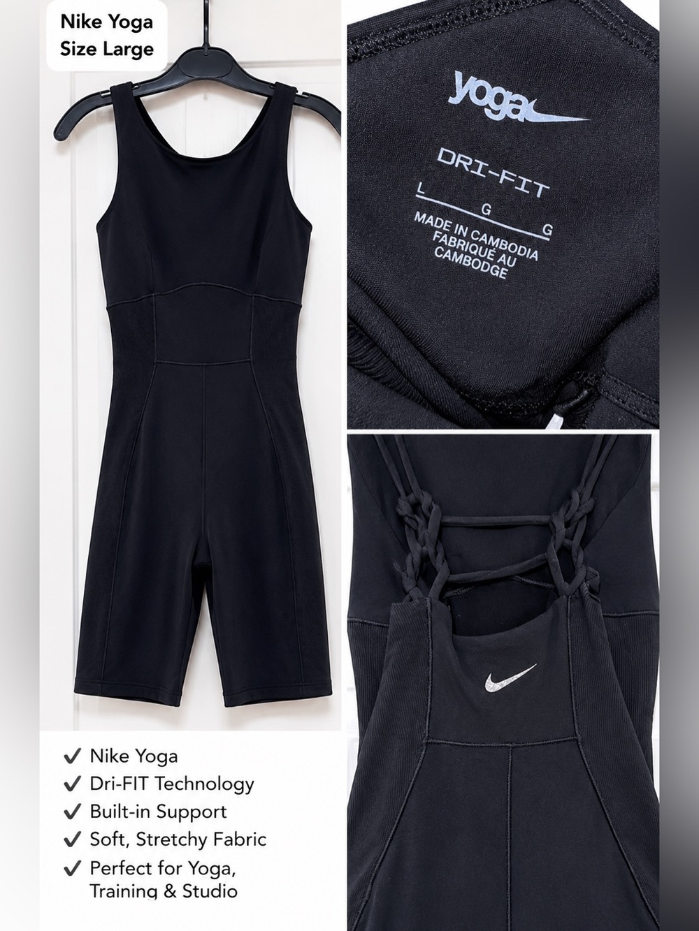 Nike Black Dri-FIT Yoga bodysuit with Braided Knotted Back size large unitard